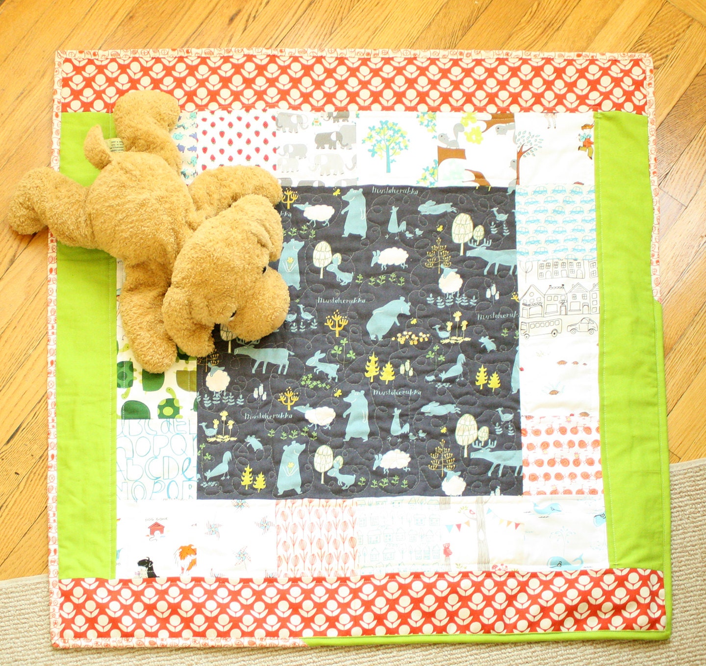 Blue Red and Green Modern Baby Blanket Quilt Playmat