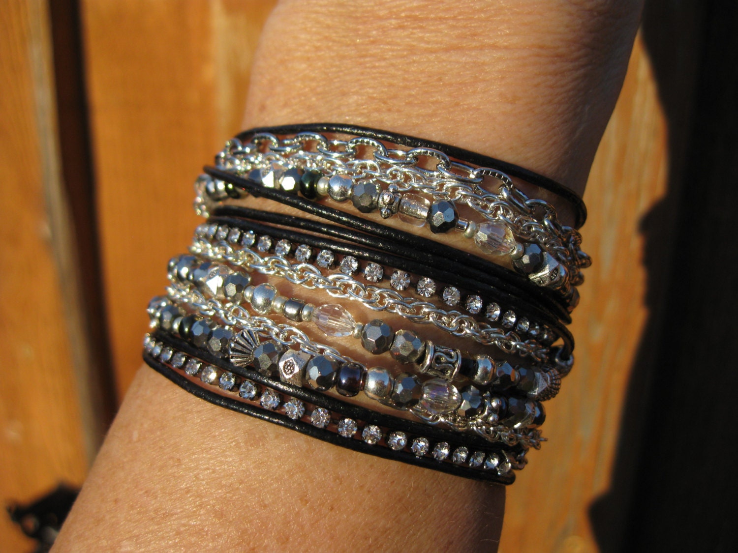 Boho - CHROME - Endless Leather Wrap Bracelet - Black Leather
