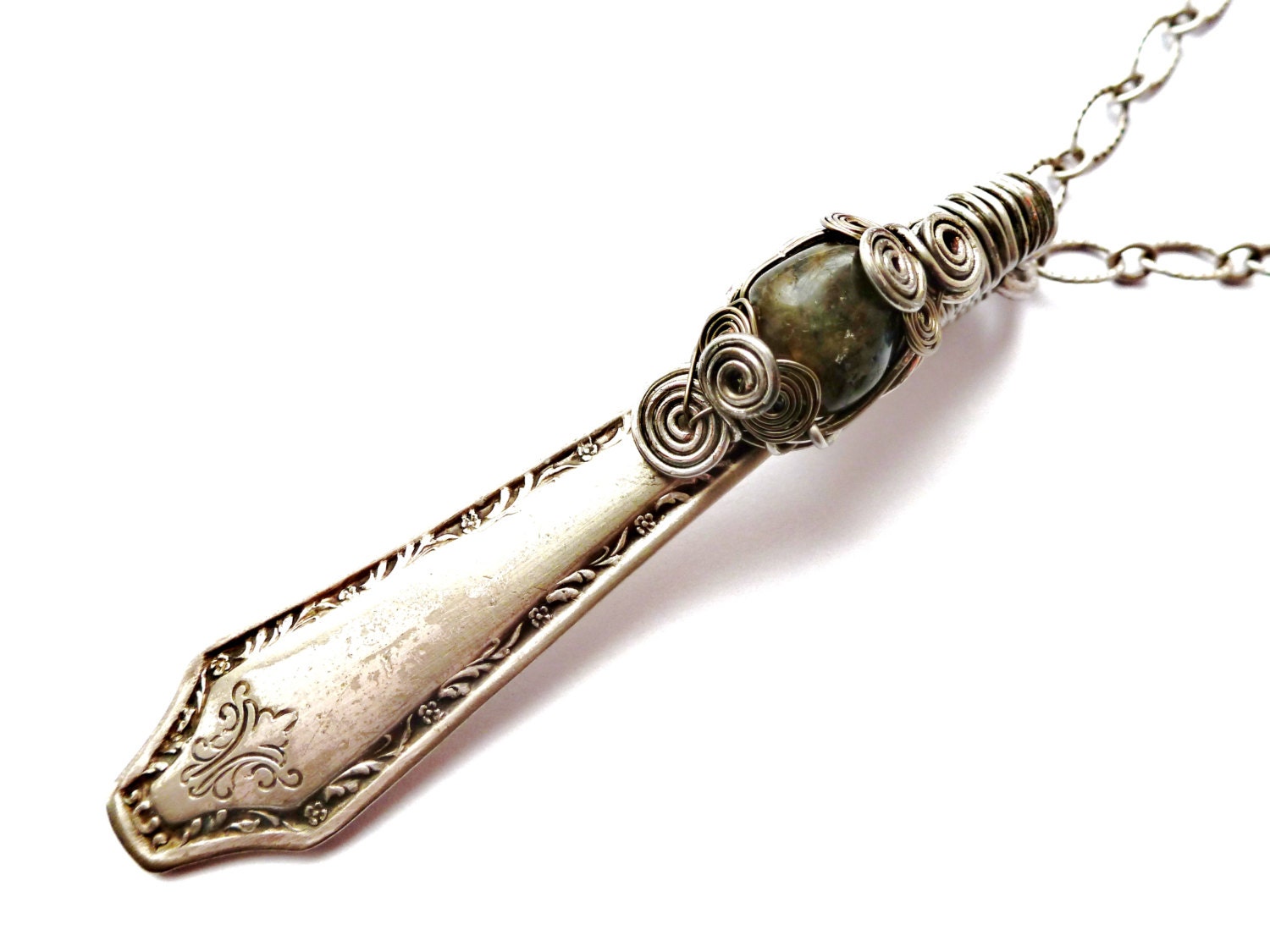 Sea Swirls Wire Wrapped Labradorite Silver Spoon Necklace