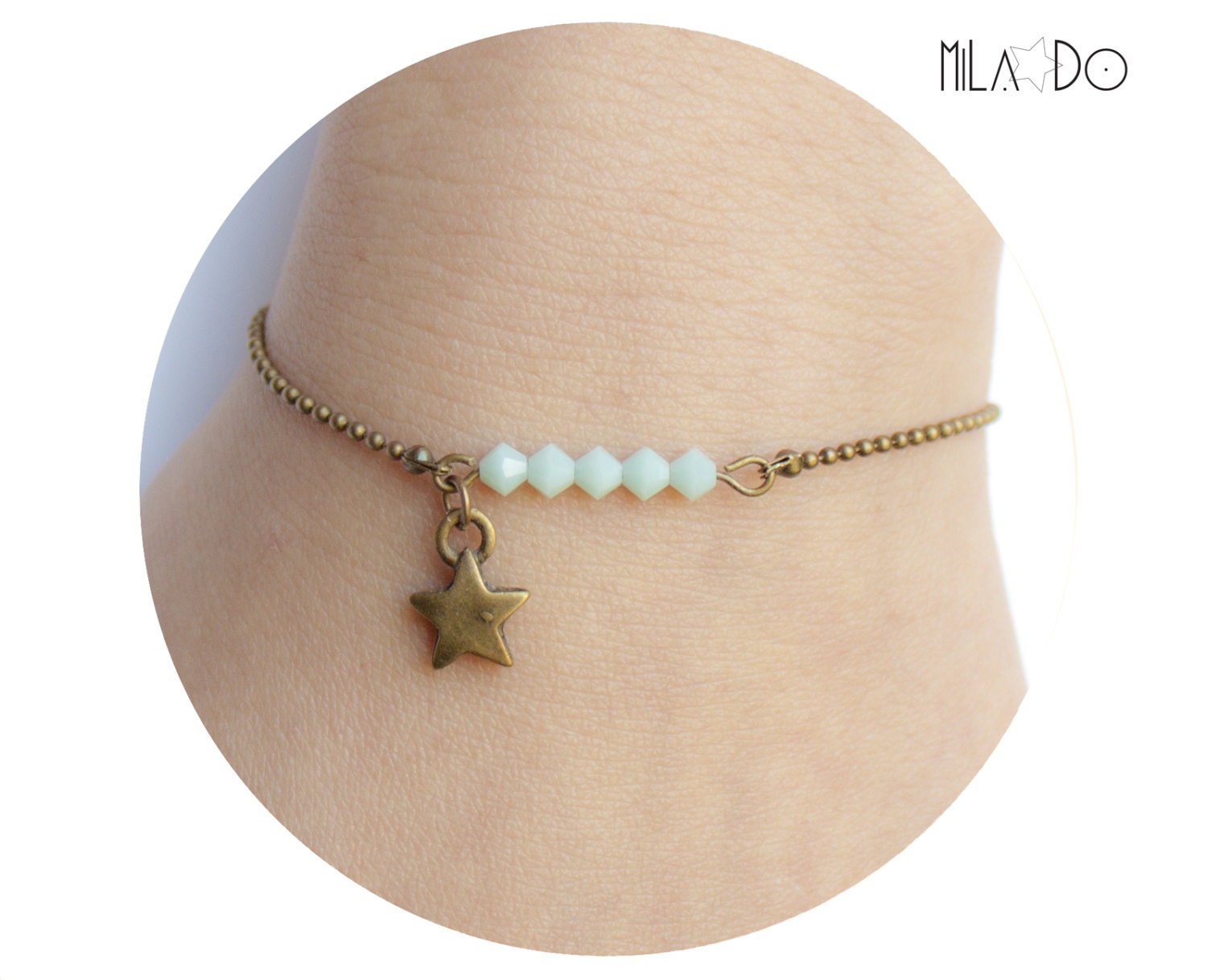 Eléa Bracelet - Mint Swarovski bicone Crystal beaded bar brass star bracelet - Friendship bracelet - Modern & Minimalist