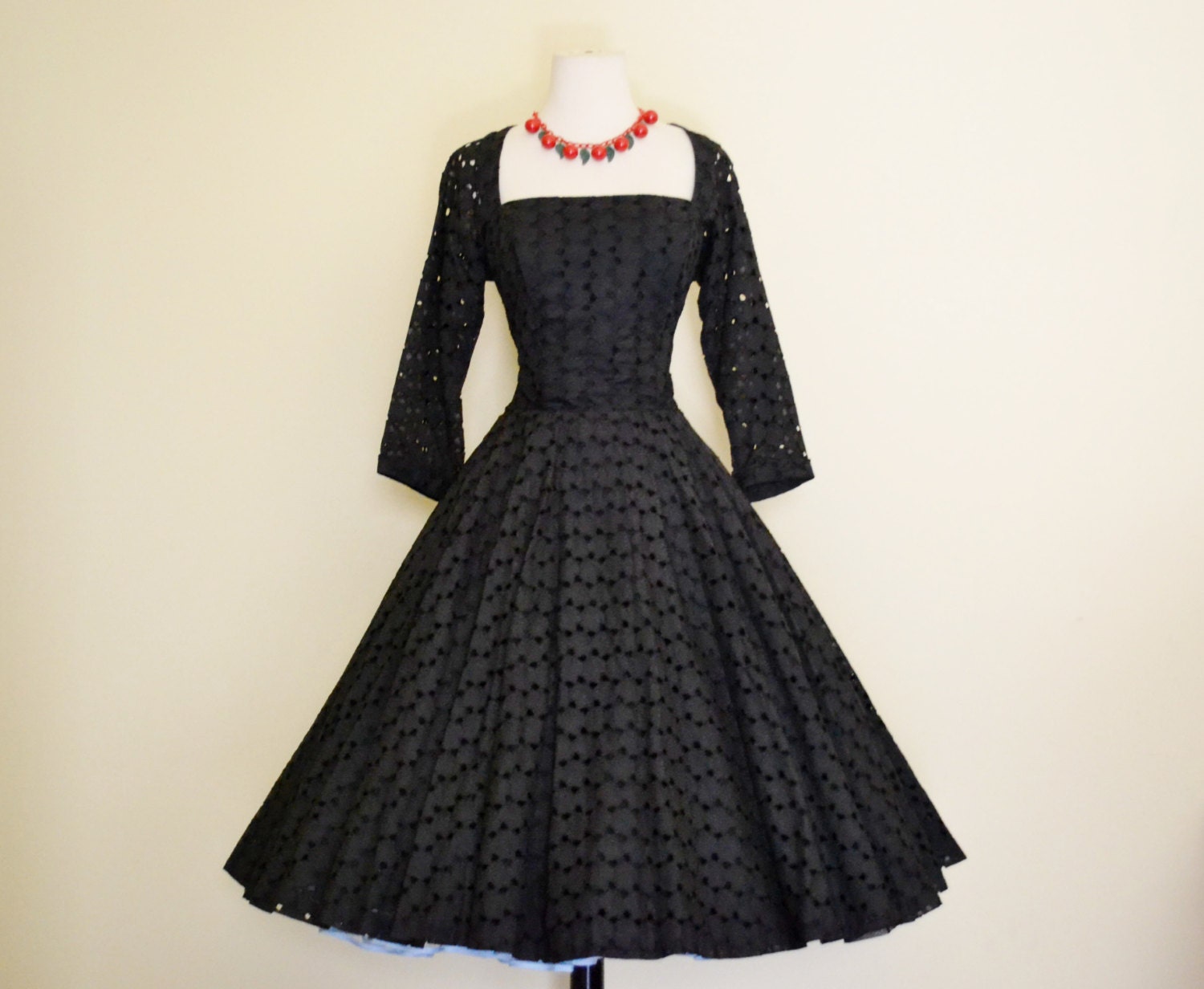 vintage 1950's originals by Phyllis Dee of Miami amazing black bow eyelet cotton full circle skirt pin up dress