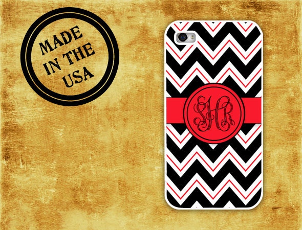 Chevron Iphone 5 cover, Iphone 4 case - Black and red chevron - monogram Iphone plastic case silicone rubber iphone case 4s custom (9954)