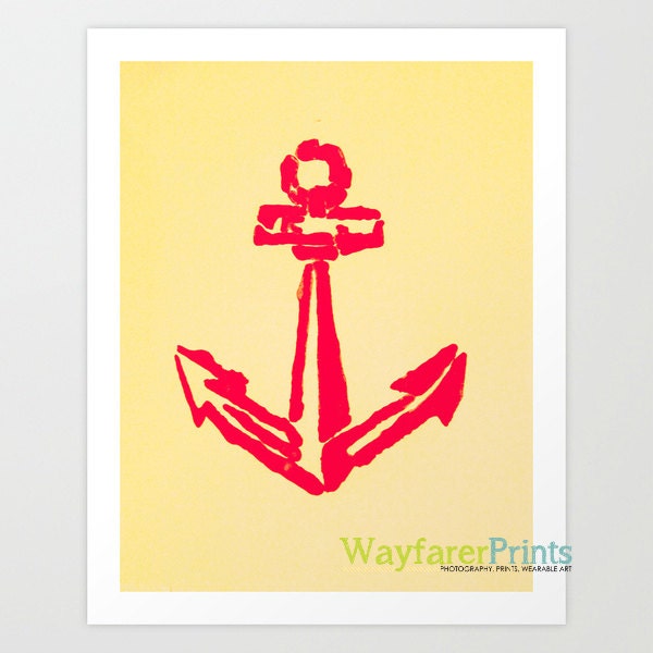 Red Anchor Print - naval design stencil painted cream background original artwork home decor wall 5x5 5x7 8x10 10x10 11x14