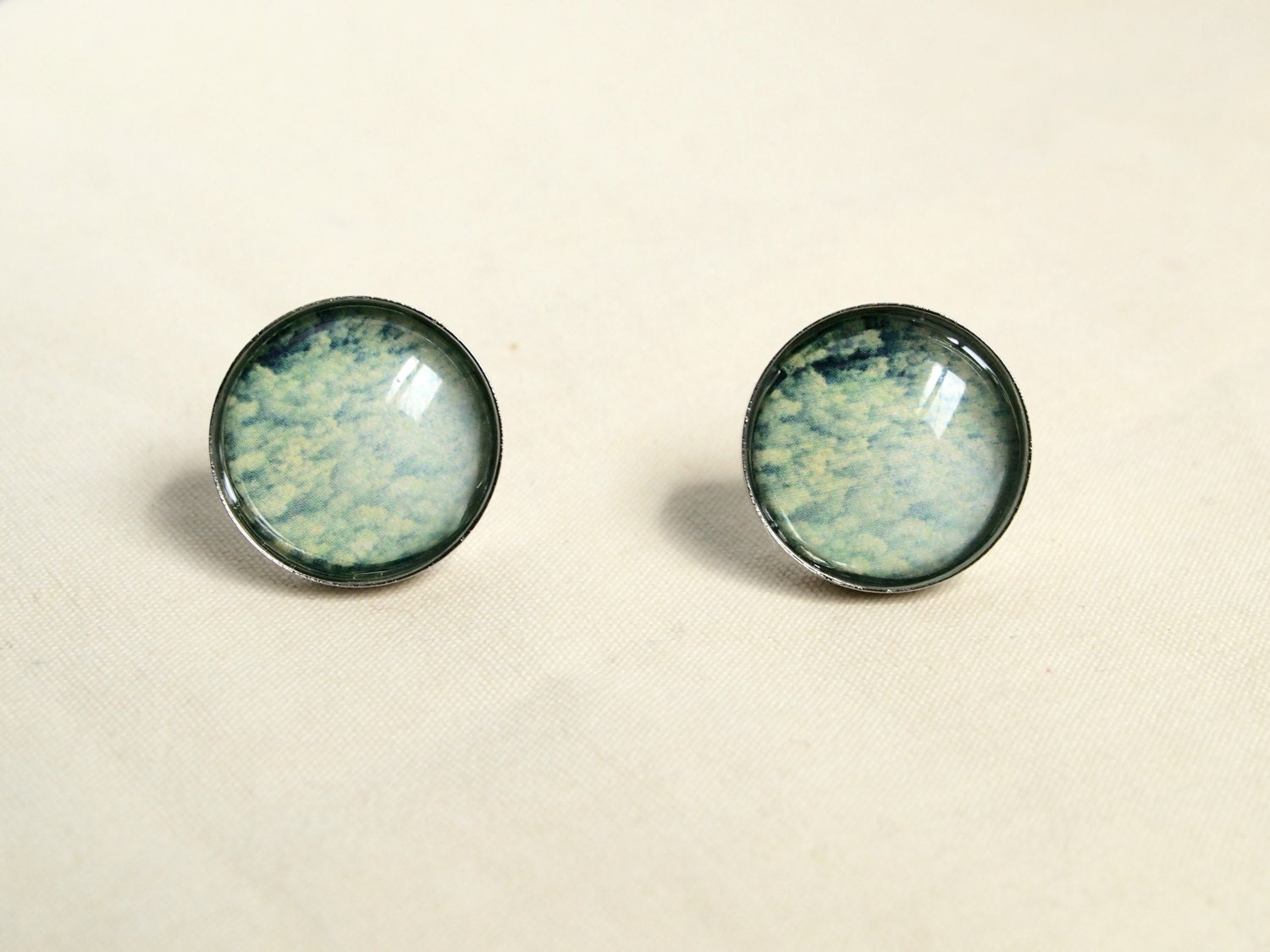 Green Cute Studs - handmade jewelry post earrings cute artsy green trees 16mm unique nature design original photography