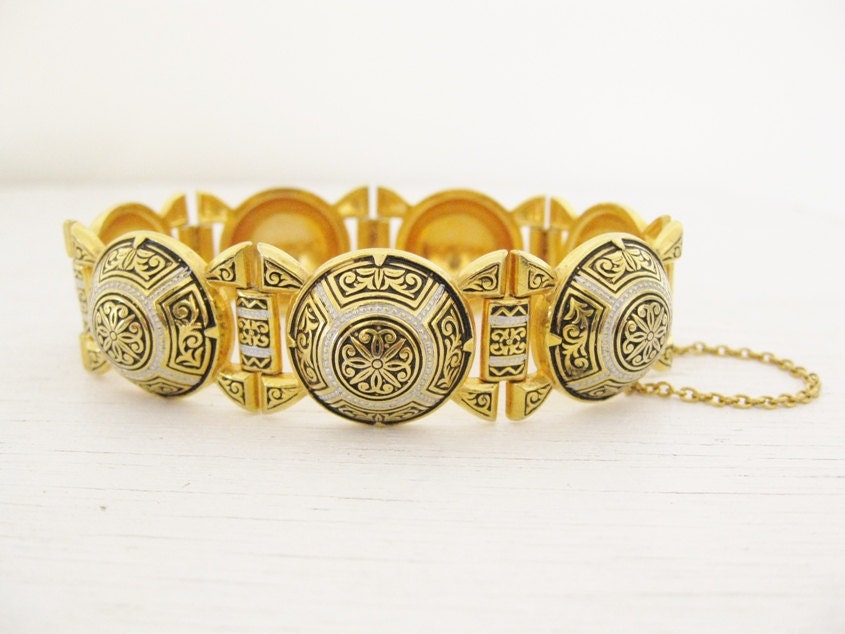 24k gold inlay damascene bracelet. mixed metal pattern. MEDIEVAL ORNAMENT.