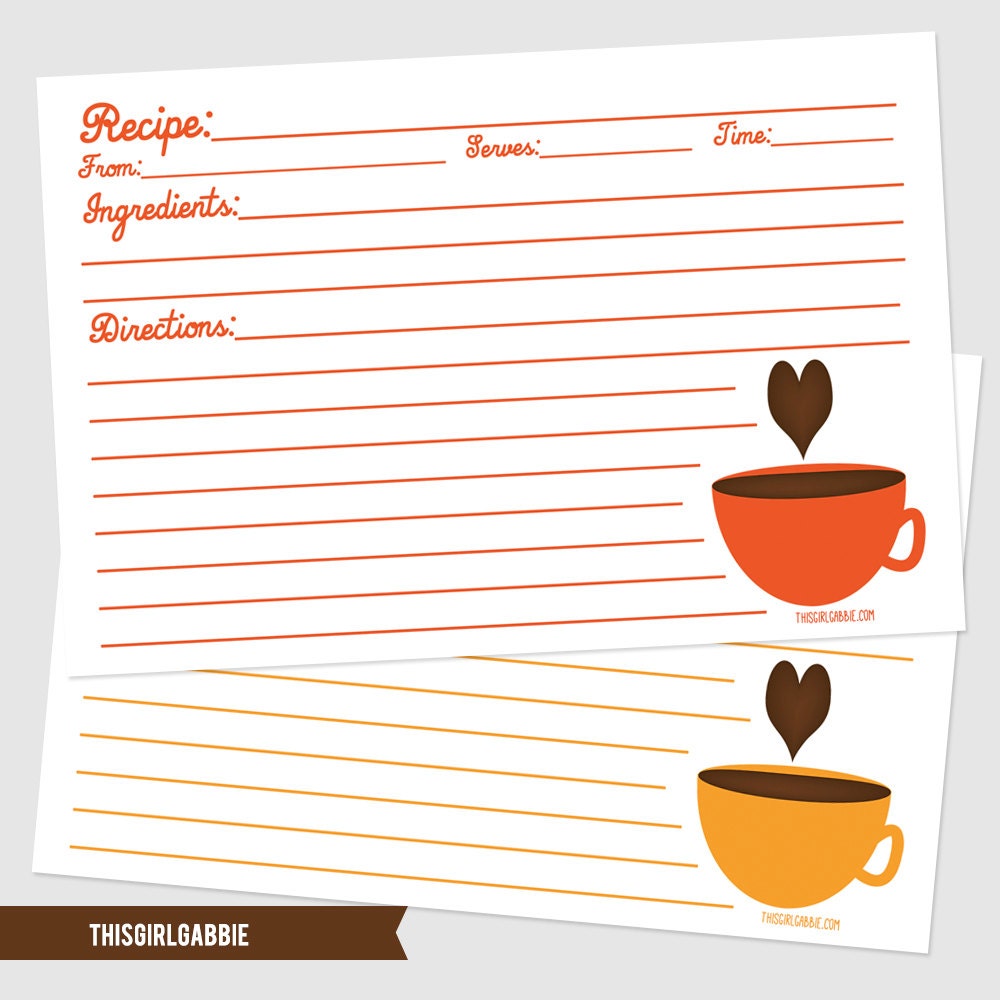 Printable Recipe Cards - Coffee Time 3x5 Recipe Cards - Retro Inspired - Orange - Yellow