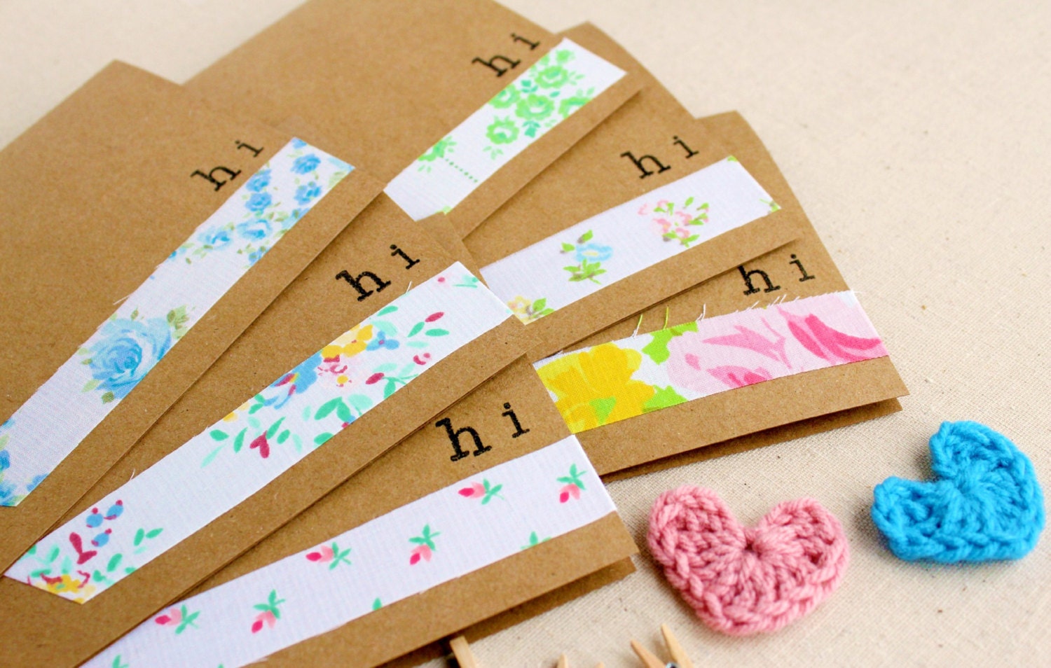 brown paper notecards - embellished with vintage fabric tape - hi - set of 6