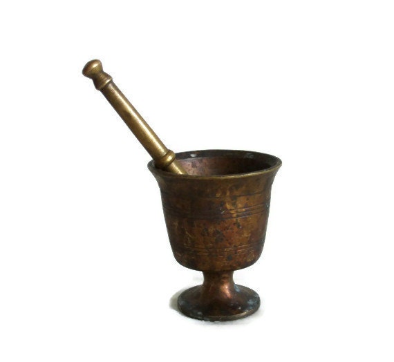 MORTAR and PESTLE, vintage solid brass APOTHECARY set Herb & spice mixing grinder. Rustic metal kitchen rack shelf decor Pharmaceutical bowl