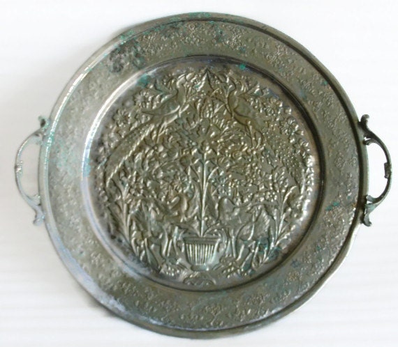Serving tray PEACOCKS embossed vintage 16'' wall decor Rustic, Birds, Botanical wildlife repousse, serveware houseware metal, antique patina