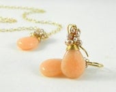 Jade Drop Earrings By Agemamour - Peach Jade, Wire Wrapped Pearl Beaded Bridal Earrings, 14k Gold Filled