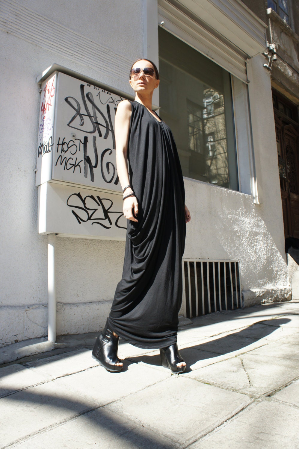 Black Kaftan / Maxi Black Dress / Asymmetrical Tunic