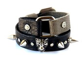 Handmade Double Strand Leather Bracelet With Silver Puma Stud, Spikes and Rhinestone, Wrap Leather Bracelet