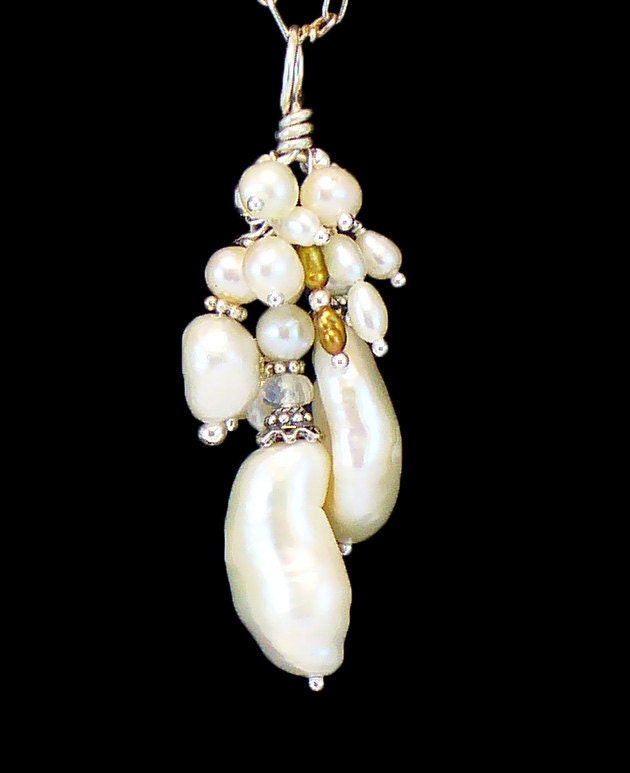 Freshwater Baroque Pearls, Rainbow Moonstone and Sterling Silver 11-Drop Pendant