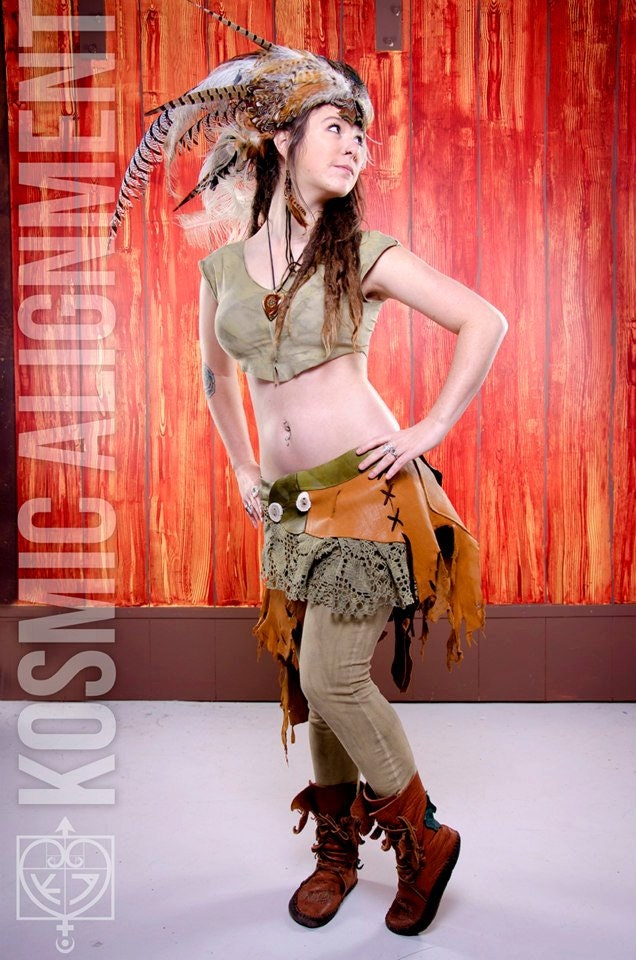 OOAK Leather and Herbal Dyed Silk and Lace Tribal Fusion Belly Dancer layered Wrap around Performance skirt Skirt
