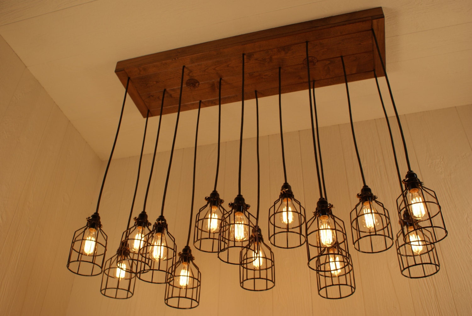 Cage Light Chandelier - Cage Lighting - Industrial Lighting - Edison Bulbs - Refined Alder Wood