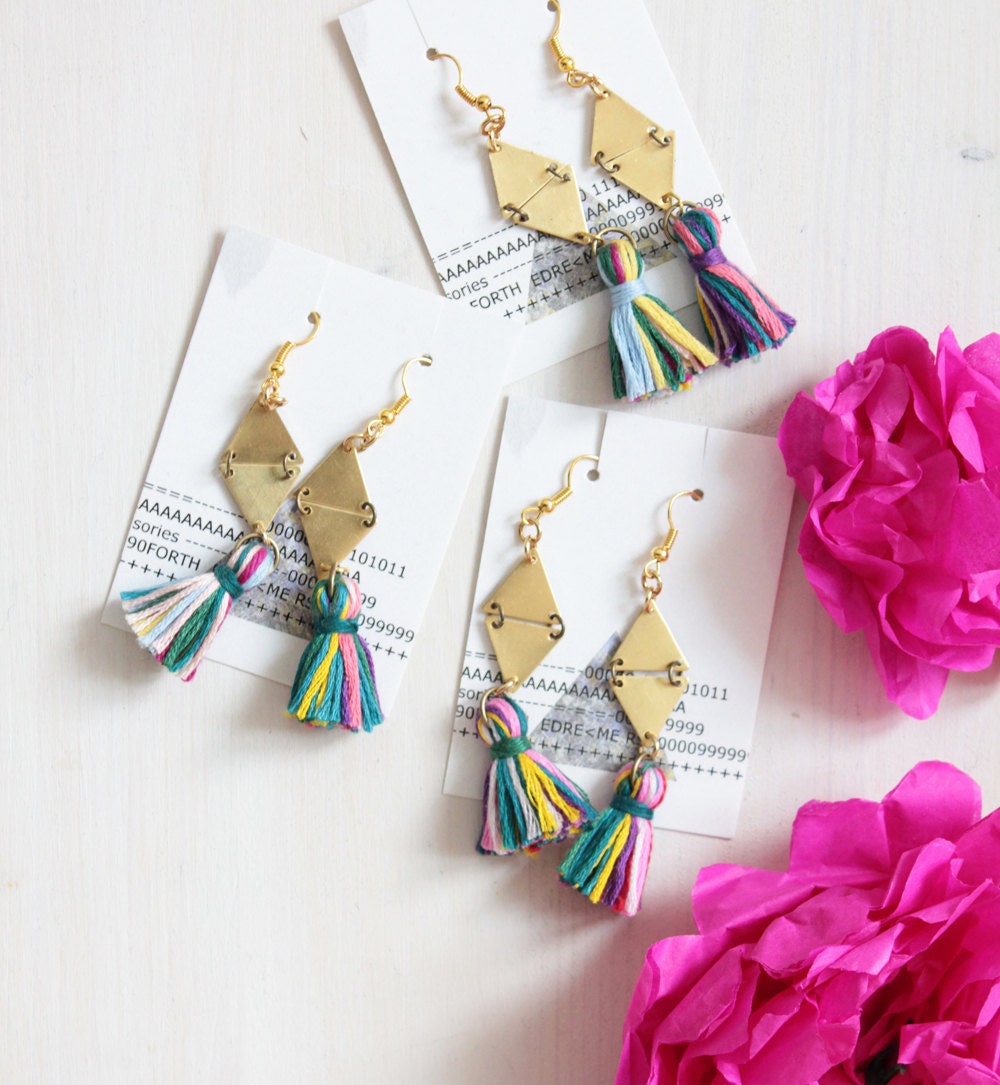 Multicolor tassel earrings /// Brass triangles