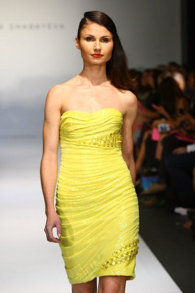 Irina Shabayeva sequined and  draped cocktail dress with crystal beading at the waist and hem.