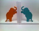 Pair of Aqua & Orange Elephants with White Bases Bookends - custom colors available