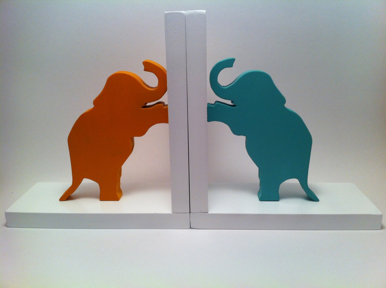 Pair of Aqua & Orange Elephants with White Bases Bookends - custom colors available