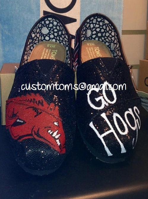 Arkansas Razorbacks Go Hogs Custom TOMS on Black Glitter
