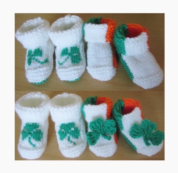 Baby Ireland flag HAND KNITTED booties - 18-24 months  - Ireland Shamrock St-Patrick's day