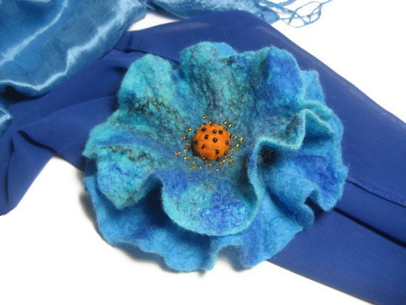 Felt blue orange flower brooch beaded wool, peony rose, sky cobalt teal turquoise
