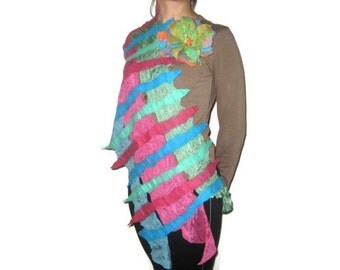Felted Scarf Shawl Wrap: Pastel Green Pink Teal Blue Silk, Wool nuno felt. OOAK.