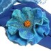 Felt blue orange flower brooch beaded wool, peony rose, sky cobalt teal turquoise