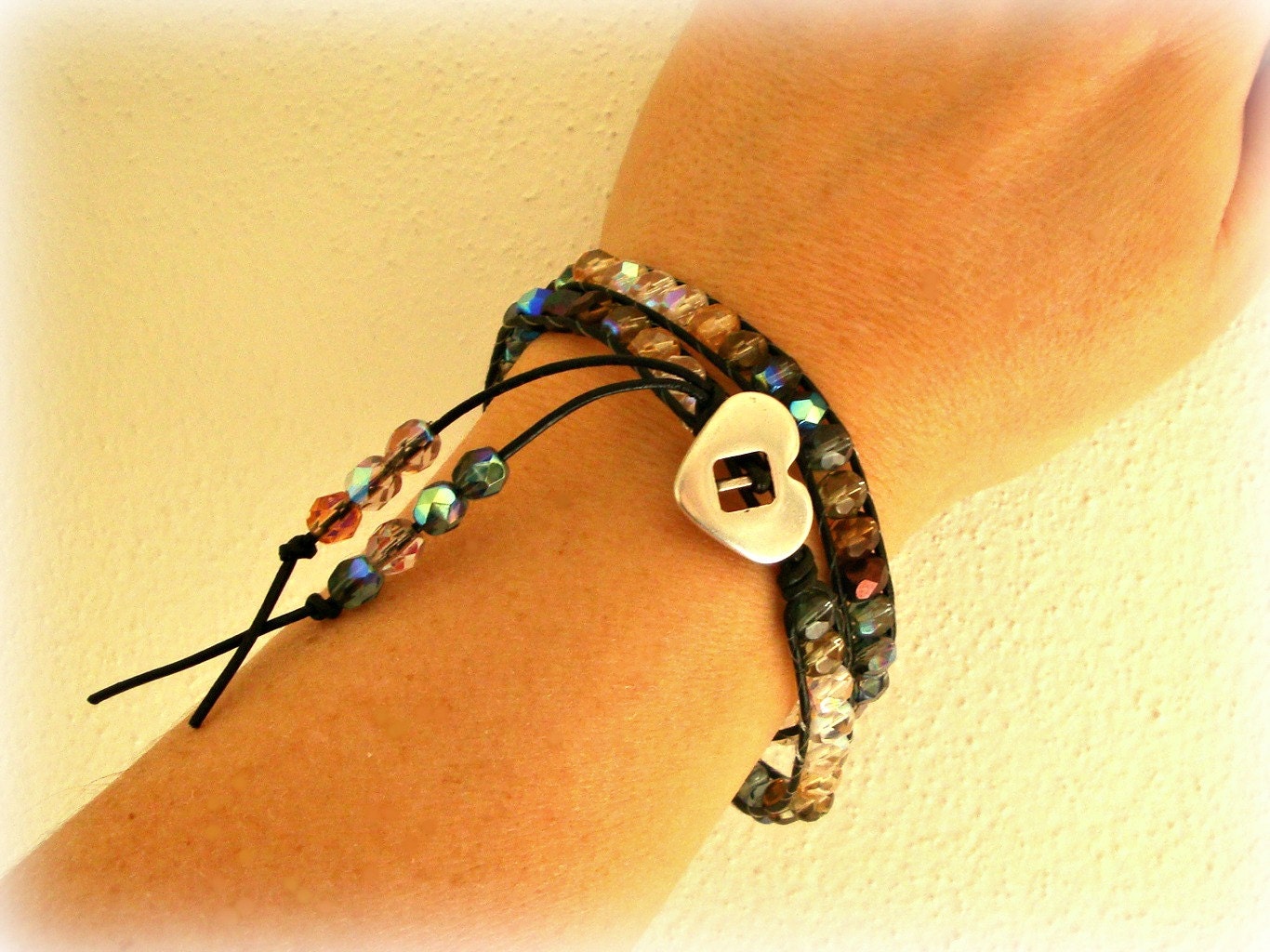 Beaded Bracelet - Handmade women bracelet - Beaded Choker - Silver Smoky Clear Cobalt - Black Leather Bracelet - Czech Crystal Beads