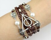 Jewelry Bracelet Deathly Hallow Bracelet Cute Owls Charm Bracelet Leather Braided Bracelet Personalized Friendship gift -N1368