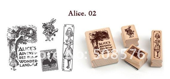 Alice in Wonderland No. 2 RUBBER STAMP SET  Vintage Antique Style 4 Piece Wood and Rubber Stamp Set