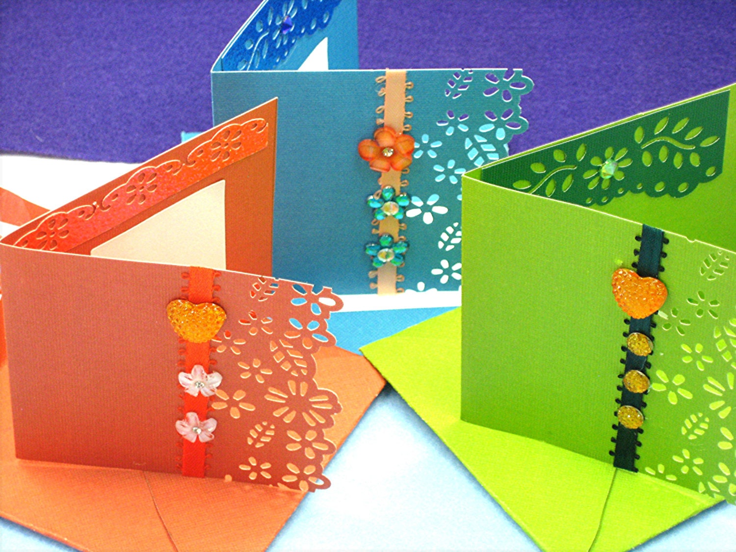 3 Bright Blue Jewel toned SPECIAL Notecard/Envelope Stationary Embellished Blank Card/Envelope, Bright Handmade Card/Envelope Stationary