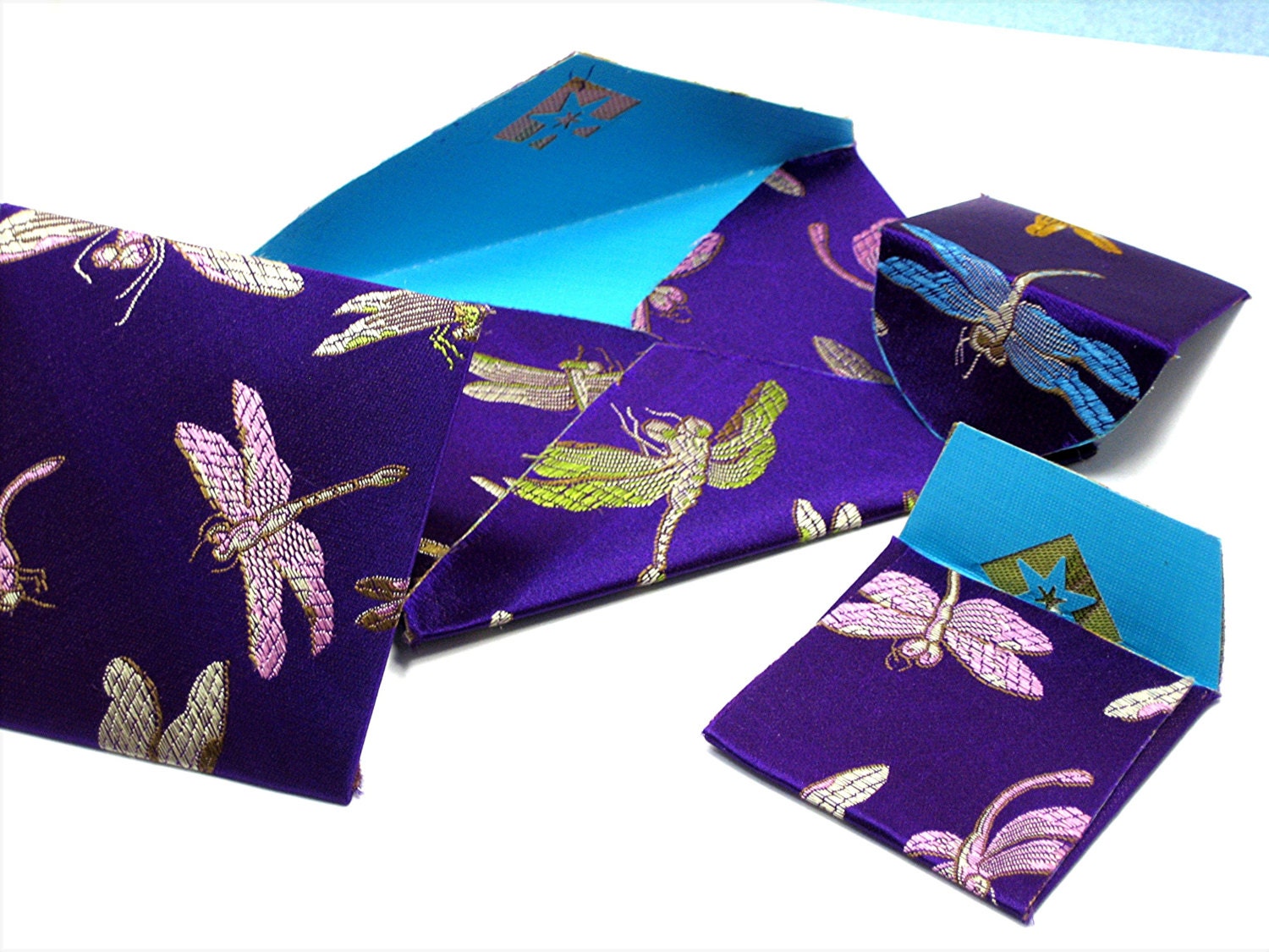 4 SPECIAL Royal Purple Chinese Silk Special Envelopes, UNIQUE Hand Crafted DragonFly Silk Fabric Envelopes, Lineing Bright Blue Cardstock
