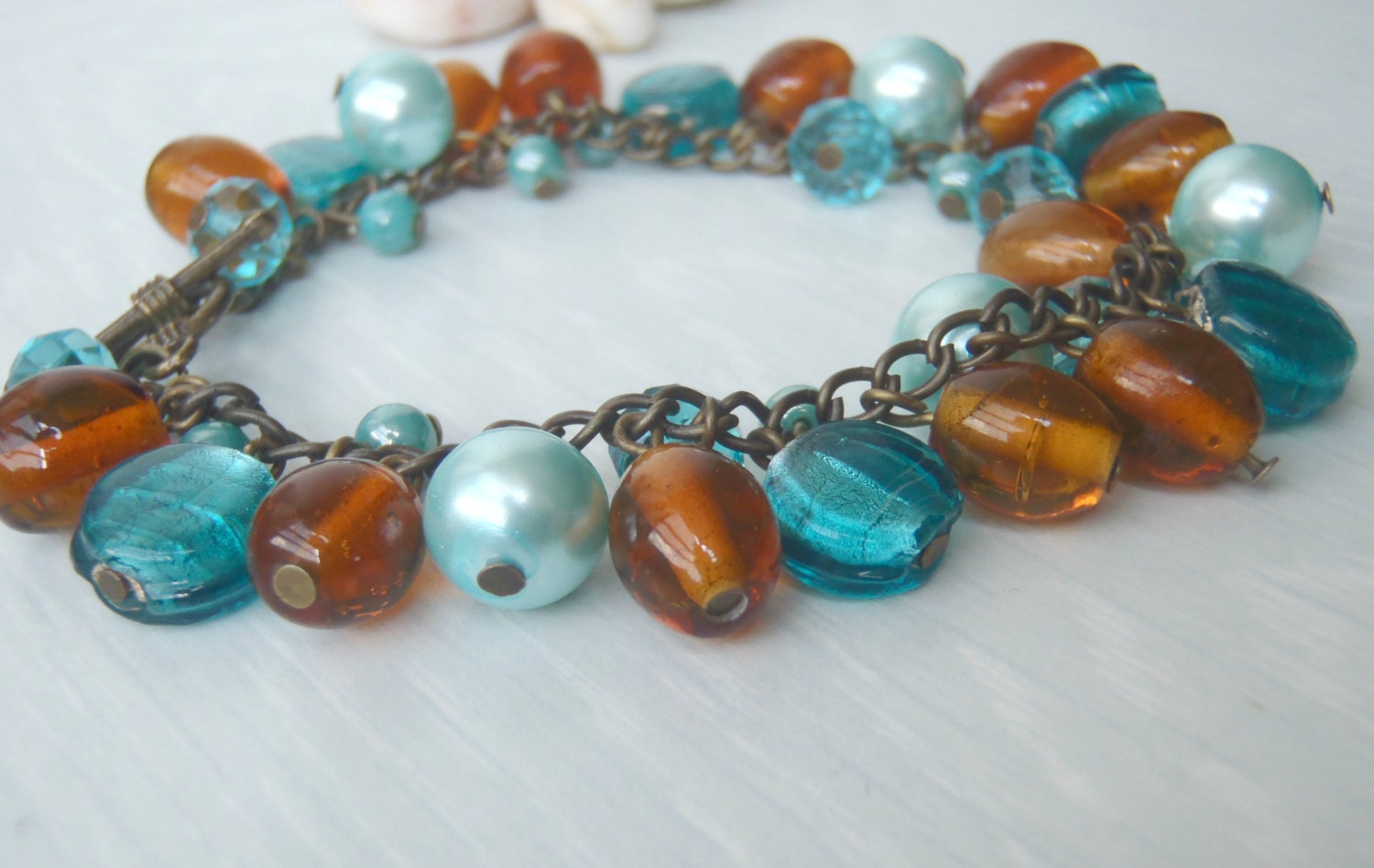 sunkissed beach golden brown and turquoise charm bracelet or anklet