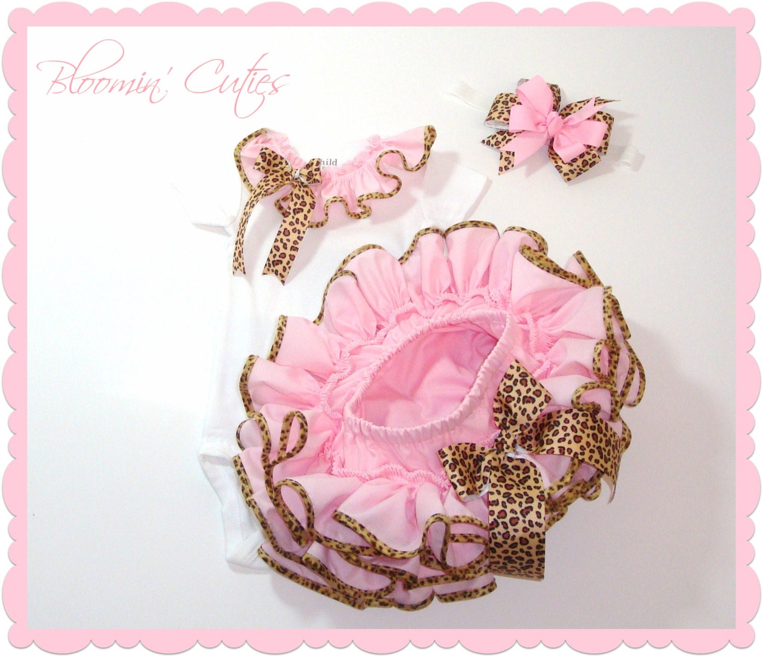 Little Miss Chloe Pink With Leopard Trimmed RUFFLES ALL AROUND Newborn Infant Toddlers Ruffle Bloomers Diaper Cover Onesie & Bow Set