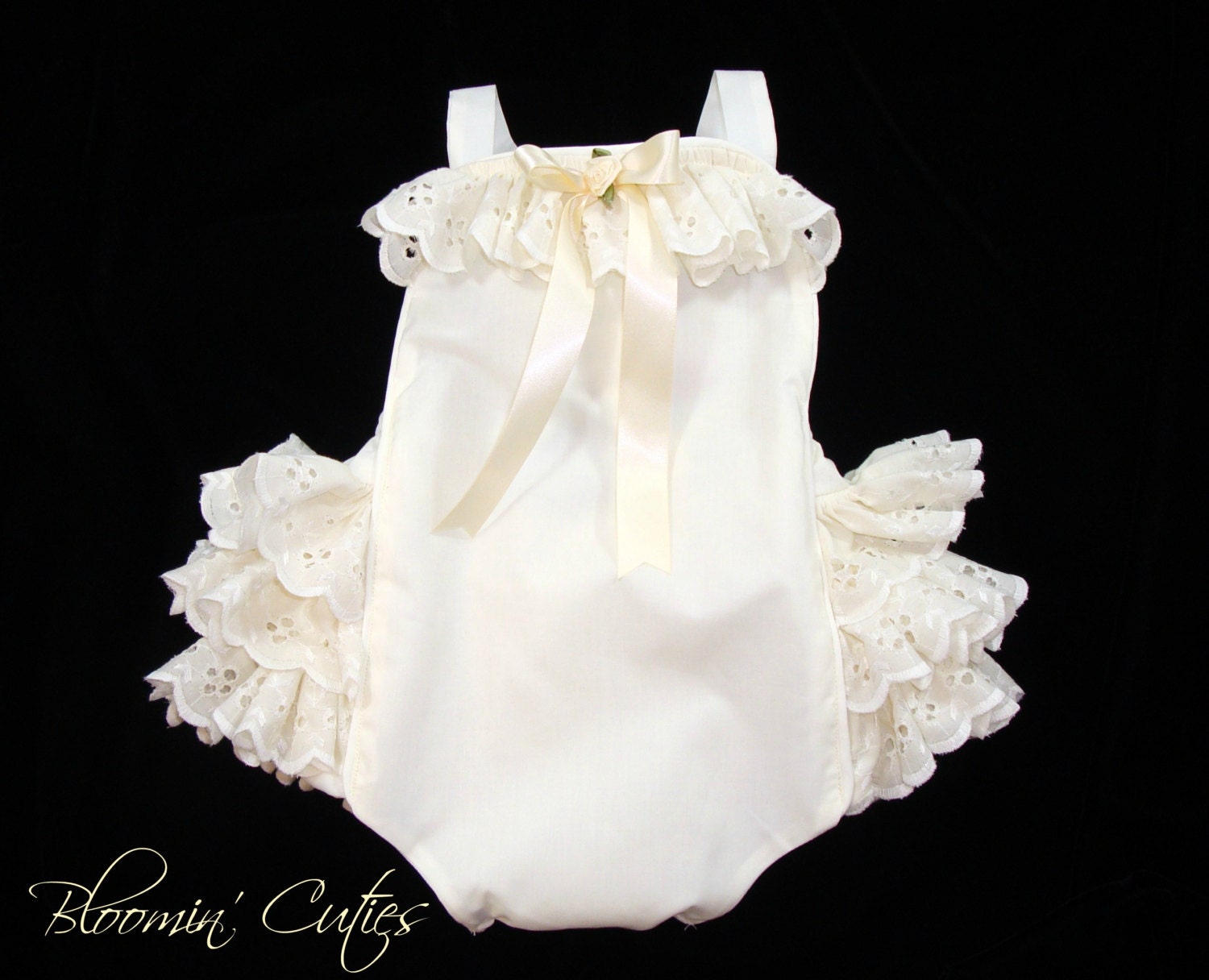 Little Miss Buffy Frilly Infant, Toddler, Baby Girl's IVORY EYELET Lace Ruffled Sunsuit for Beach Portrait Wear Made to Order 3 Mos - 5T