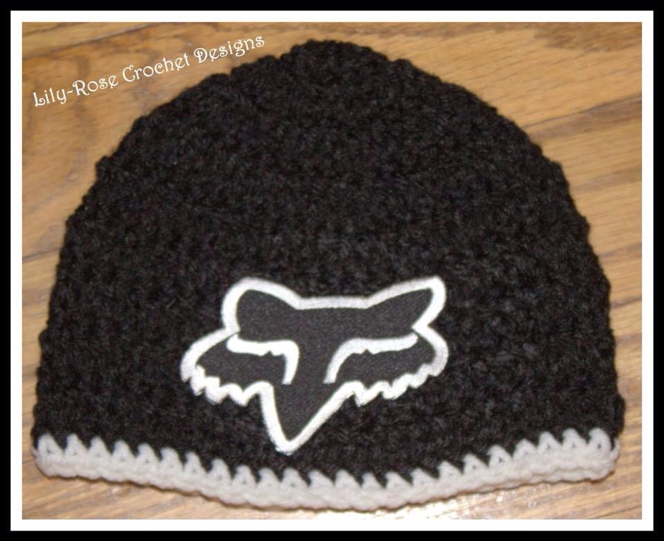 Black red  crochet fox racing beanie hat can be made any size baby mens womens newborn 0-3 month youth 2t 3t 4t to adult boy or girl