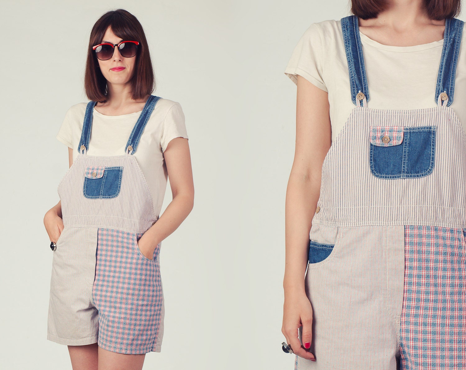90s Short Dungarees / Stripes and Plaid Dungarees / Patchwork Dungarees