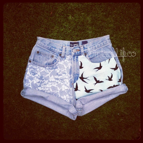 Vintage High Waisted Jean Shorts White LACE Birdie Print