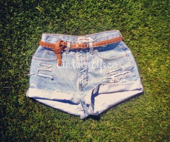 Vintage High Waisted Shorts  Light Distressed Light Wash Jean Shorts