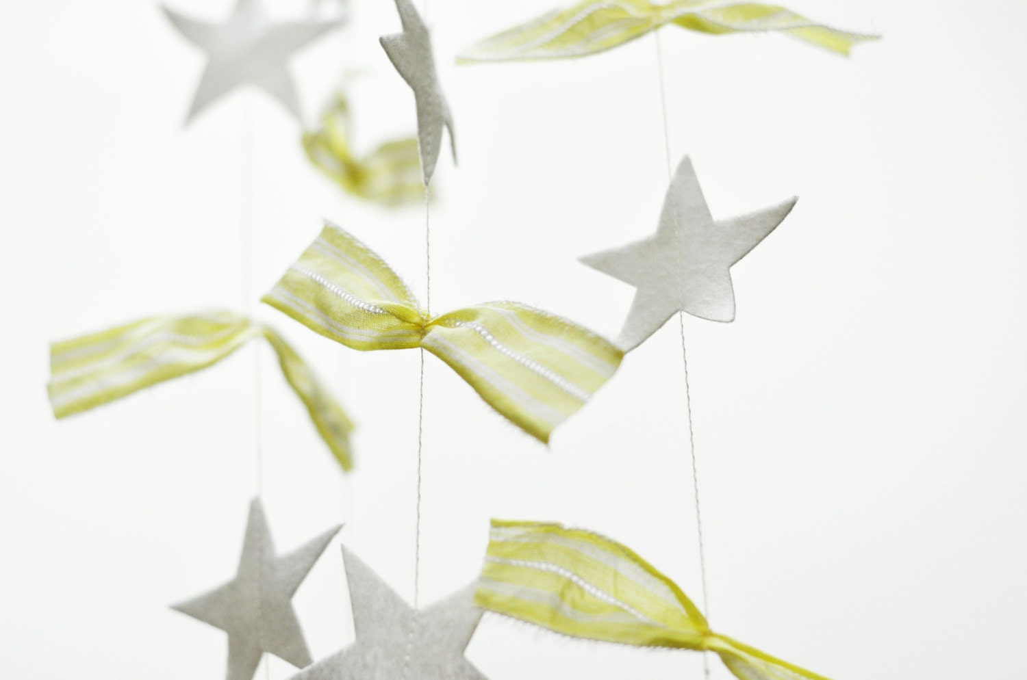 Felt star garland with cotton fabric scraps, pale yellow and white garland, shabby chic decor