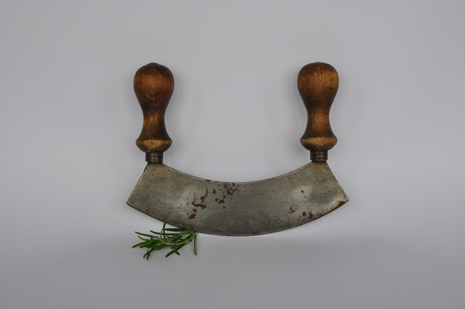 Authentic vintage herb chopper.  Single blade, two handles. Germany.  Hachoir.