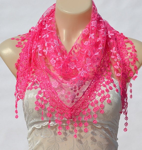 Fashion red scarf, lace fichu, lightweight comfortable light pink flower scarf, shawl, multifunctional female accessory