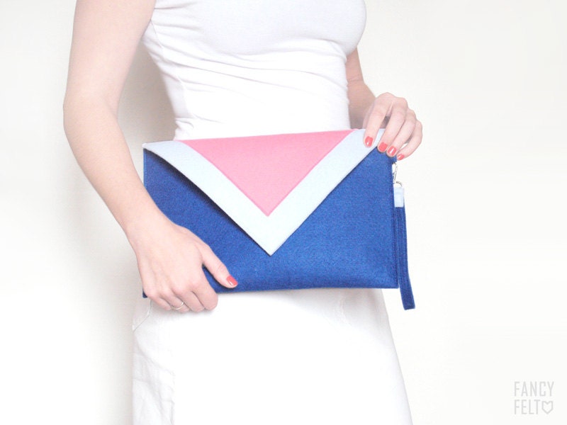 Geometric navy blue pink white felt clutch bag