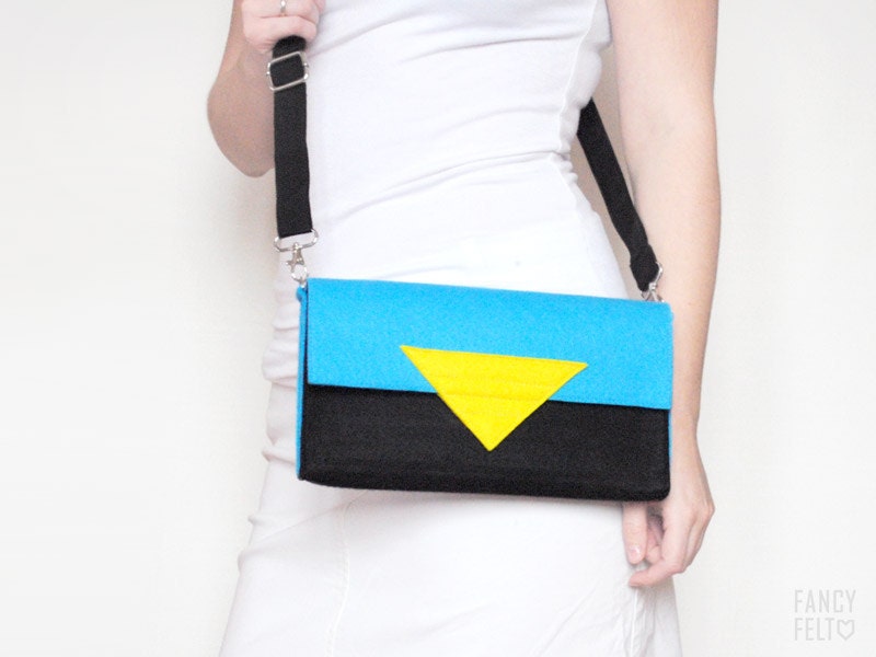 Geometric blue black and yellow felt crossbody bag