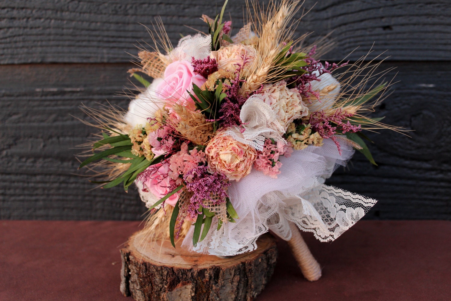 Wedding Bouquet, Country Chic Bouquet, Pink Preserved Rose Bouquet, Cotton Bouquet, Dried Flower Bouquet, Wheat, Peony Bridal Bouquet