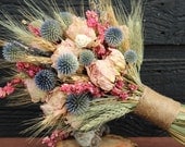 Wedding Bridal Bouquet and Matching Boutonniere, Dried Flower Bouquet and Boutonniere Set, Peony Bouquet with Wild Flowers