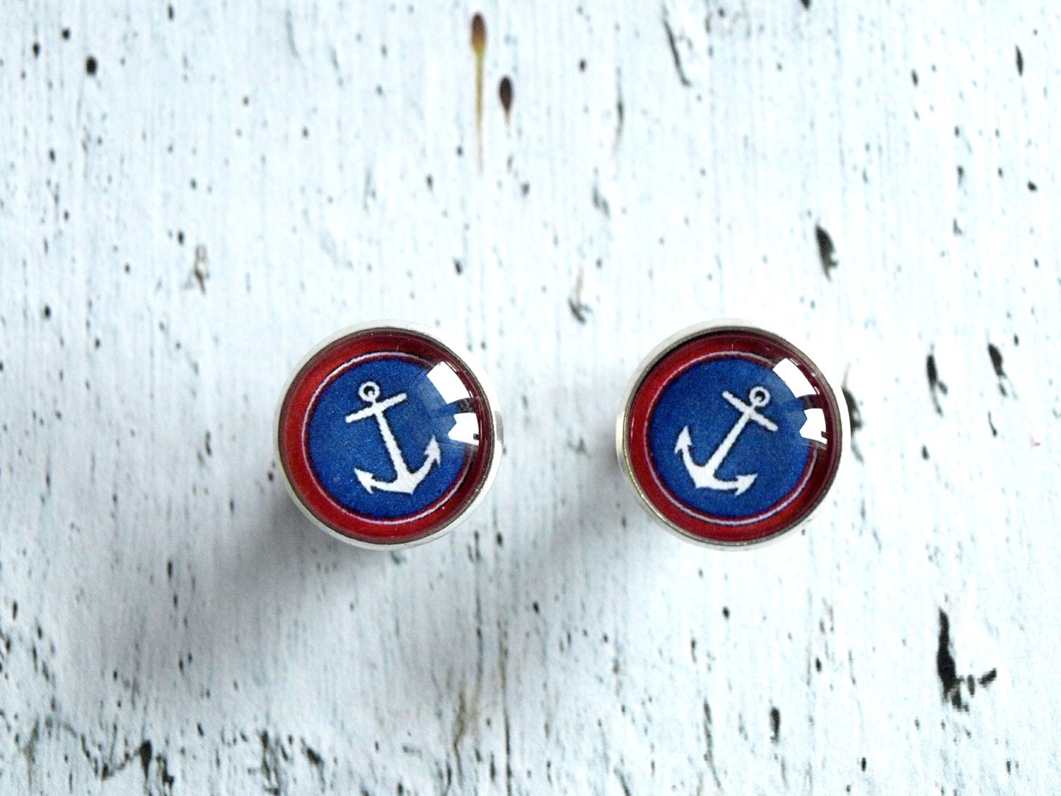 Anchor studs earrings white blue red -  Nautical jewelry - cute ear studs post - glass dome anchor earrings - anchor jewelry - ShoShanaArt