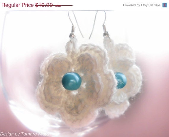 SALE White Flower with Blue Pearl Crochet Earrings