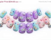 SALE Pastel and Lace Flowers 3D Fake Nails with Dangle Flower Charm LIMITED